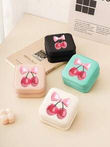 Cute Bow & Cherry Print Minimalist Jewelry Box, Portable Jewelry Storage Box, Summer Travel Jewelry Organizer For Earrings, Necklaces, Rings, Jewelry Display And Storage, Mini Jewelry Organizer, Large Capacity Jewelry Rack, Suitable For Earrings, Rings, Necklaces, Bracelets, Nail Art, Women's Gift Storage, Travel Essentials, Back To School Dorm Storage, Holiday Gift,Makeup Organizer,Room Decor - Multicolor - View 1