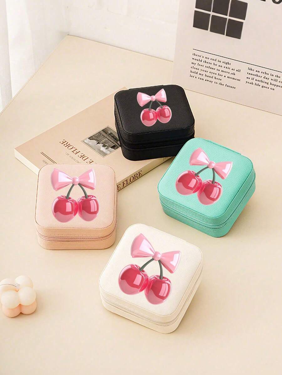Cute Bow & Cherry Print Minimalist Jewelry Box, Portable Jewelry Storage Box, Summer Travel Jewelry Organizer For Earrings, Necklaces, Rings, Jewelry Display And Storage, Mini Jewelry Organizer, Large Capacity Jewelry Rack, Suitable For Earrings, Rings, Necklaces, Bracelets, Nail Art, Women's Gift Storage, Travel Essentials, Back To School Dorm Storage, Holiday Gift,Makeup Organizer,Room Decor - Multicolor - View 1