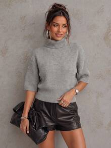 Women's Elegant Grey Short Sleeve High Neck Knit Top, Short Sleeve Ribbed Sweater, Casual Short Basic Pullover, Suitable For Daily Wear, Commuting, College Style, Back To School Season - Grey - View 1