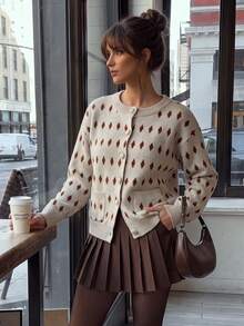minisummer Kardigan Rajut Jacquard Motif Berlian Warna Beige Elegan untuk Wanita Musim Gugur, Sweater Coat Kerah Bulat Kancing Depan Lengan Panjang dengan Saku - Unta - View 2
