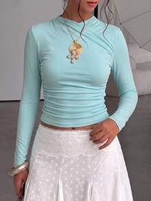 Women's Elegant Minimalist Solid Color Long Sleeve Top - Mint Blue - View 5
