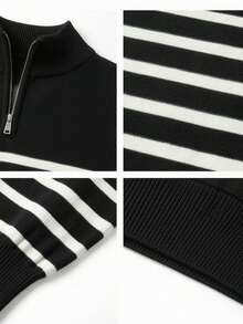ZYNTH BALENO Men's Fashion Autumn/Winter Striped Zip Collar Long Sleeve Sweater, Suitable For Gym, Running, Hiking, Black - Black - View 5