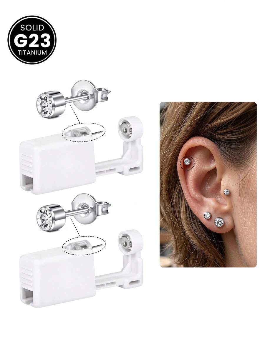 2Pcs G23 Hypoallergenic Ear Piercing Kit Silver Gold Ear Piercing Gun ...