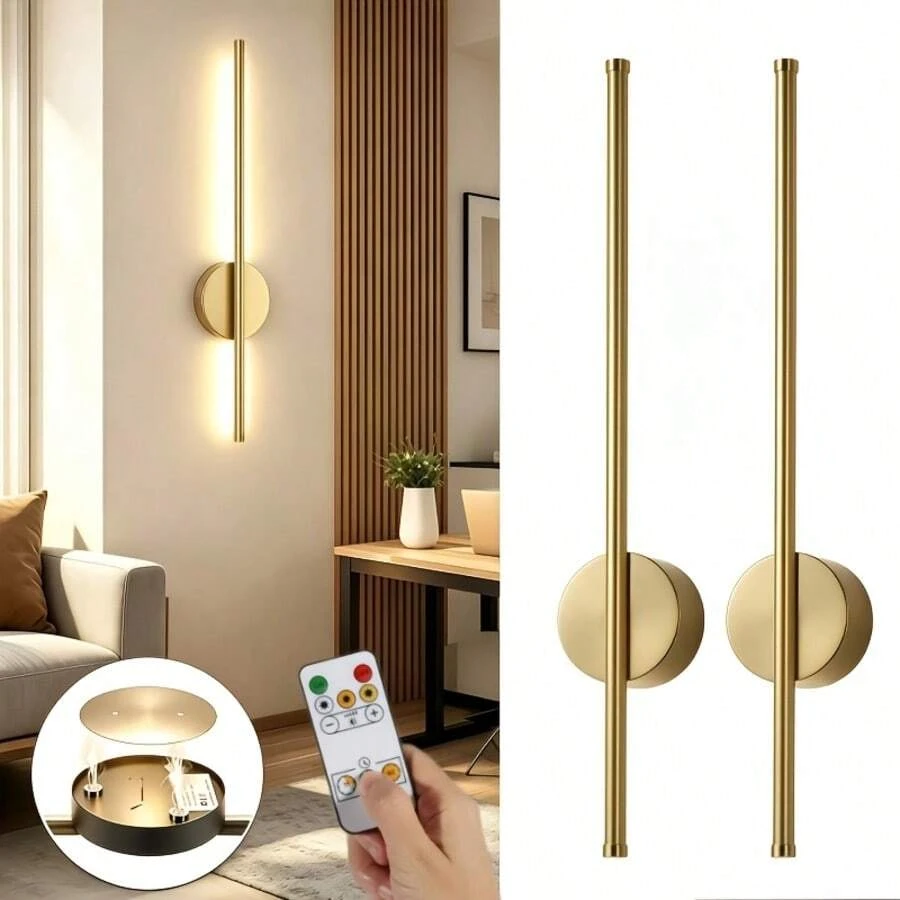 2pcs Black/Gold Battery Powered Wall Lights, 3000/4000/6000K With Remote Control And Timer Function, 71.88cm Dimmable LED Wireless Wall Lights, Suitable For Living Room, Bedroom, Hallway, Hotel And Home Decor
