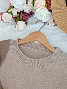 Plus Size Casual Fashion Versatile Large Bow Decor Round Neck Long Sleeve Knit Pullover Sweater - Camel - View 4