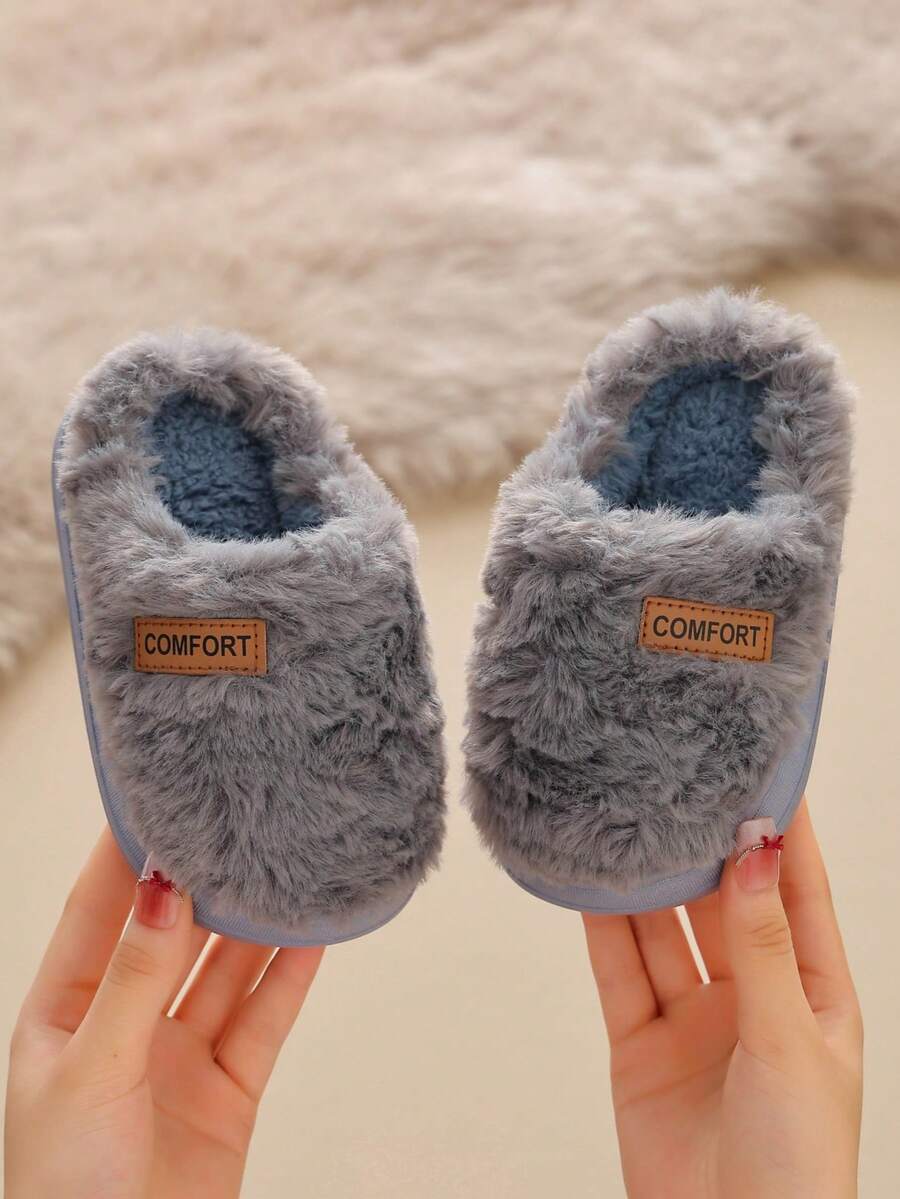 Winter Kids Thermal Lined Slippers, Boys & Girls Comfortable Warm Home Wear Minimalist Fuzzy Slippers - Grey - View 1