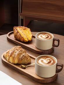 Vintage Country Style Stoneware Coffee Cup Set With Bread Plate And Wooden Tray, Mid-Century Ceramic Breakfast Cup, Suitable For Croissants, Toast, Oatmeal, Single Person Morning Ritual, Handmade Pottery Gift, Home Bistro Style - Multicolor - View 12