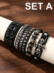 1/4/8pcs PU Leather Studded Punk Bracelets For Men Women Gothic Skull Rivet Cuff Wristband Adjustable Punk Rock Accessory For Halloween Party,Festival - Multicolor - View 11