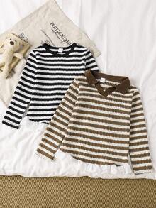 2pcs Autumn/Winter 3-7Y Girls Striped Jacquard Lace Long Sleeve Base Layer, Suitable For Daily Wear, Cute Casual, Student School Outfit Long Sleeve - Brown - View 2