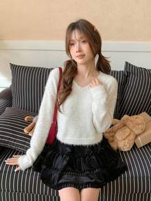 Korean Style V-Neck Plush Short Sweater Women Autumn/Winter Soft Cozy Gentle Pullover Knit Top - White - View 7