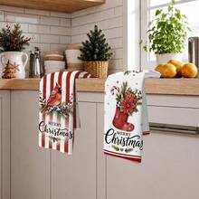 2PCS Kitchen Towels Christmas Red & White Striped Floral Bird Christmas Sock Pattern Printed 40*60cm Minimalist Style Rectangular Microfiber Soft Kitchen Towels, Dish Cloths, Tablecloths, Hand Towels, Christmas Home Decor, Bathroom & Kitchen Decor, Neighbor Housewarming Gift, Perfect For Kitchen & Bathroom Use, Suitable For Housewives And Family Gatherings, Great Value, Home Essential - Red and White - View 10