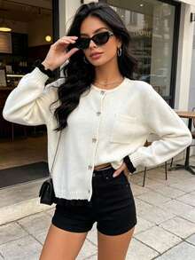 Women's Casual Bow Button Patchwork Contrast Color Pocket Knit Cardigan, Autumn/Winter - White - View 8