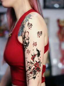 1pc Temporary Tattoo Sticker, Japanese Fox Mask Flower Sword Pattern, Realistic Fake Tattoo Design, Suitable For Daily Wear, Bachelor Party Favors, Music Festivals, Cosplay, Graduation Gifts, Lasts 3-5 Days - Multicolor - View 5