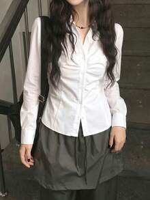 Korean Style Slim Fit Flattering Collar Waist-Cinching Versatile Short Sleeve Shirt - White - View 8