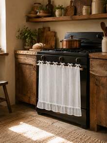 Farmhouse Linen Oven Curtain, Tie Design Stove Decor Cover With White Vertical Chain Pattern & Ruffle Trim, Reusable Kitchen Oven Skirt, Multiple Colors Optional - Multiple Styles - View 4