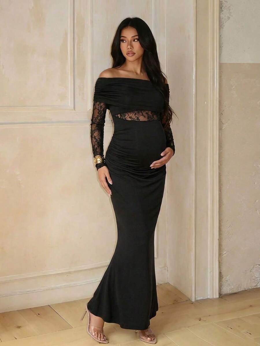 Maternity One-Shoulder Lace Long Sleeve Fitted Dress, Black Formal Evening Gown Fall - Black - View 1