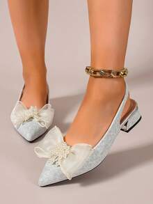 Wanwan Shoes 法式粗跟高跟尖頭女鞋 2026 春季新款 中跟大尺碼顯瘦女鞋 亮片防滑格紋布面 鑲鑽蝴蝶結 金屬鞋跟帽 純色尖頭低筒無綁帶粗方跟單鞋 歐美明星風 春夏秋 婚禮伴娘晚宴約會通勤日常女鞋 粗跟涼鞋 - 銀色 - 查看 5