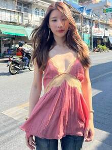 Top Dazzle Women's Fashion Pink Spaghetti Strap Camisole, Ruffle Collar Design With Delicate Lace Trim, Suitable For Summer - Pink - View 2
