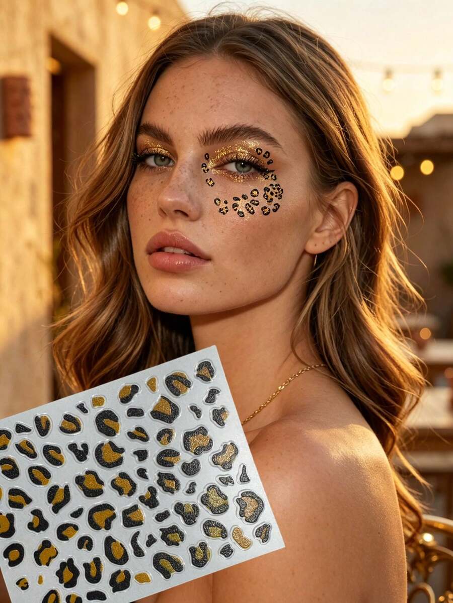 ملصق وجه بنمط عنصر طباعة نمر باللون الذهبي والبني والأسود مع ملقط، ملصق وجه بأسلوب حديث عتيق بارد بري، إكسسوار مكياج مسرح مهرجان موسيقي، ديكور وجه - متعدد الألوان - مشاهدة 1