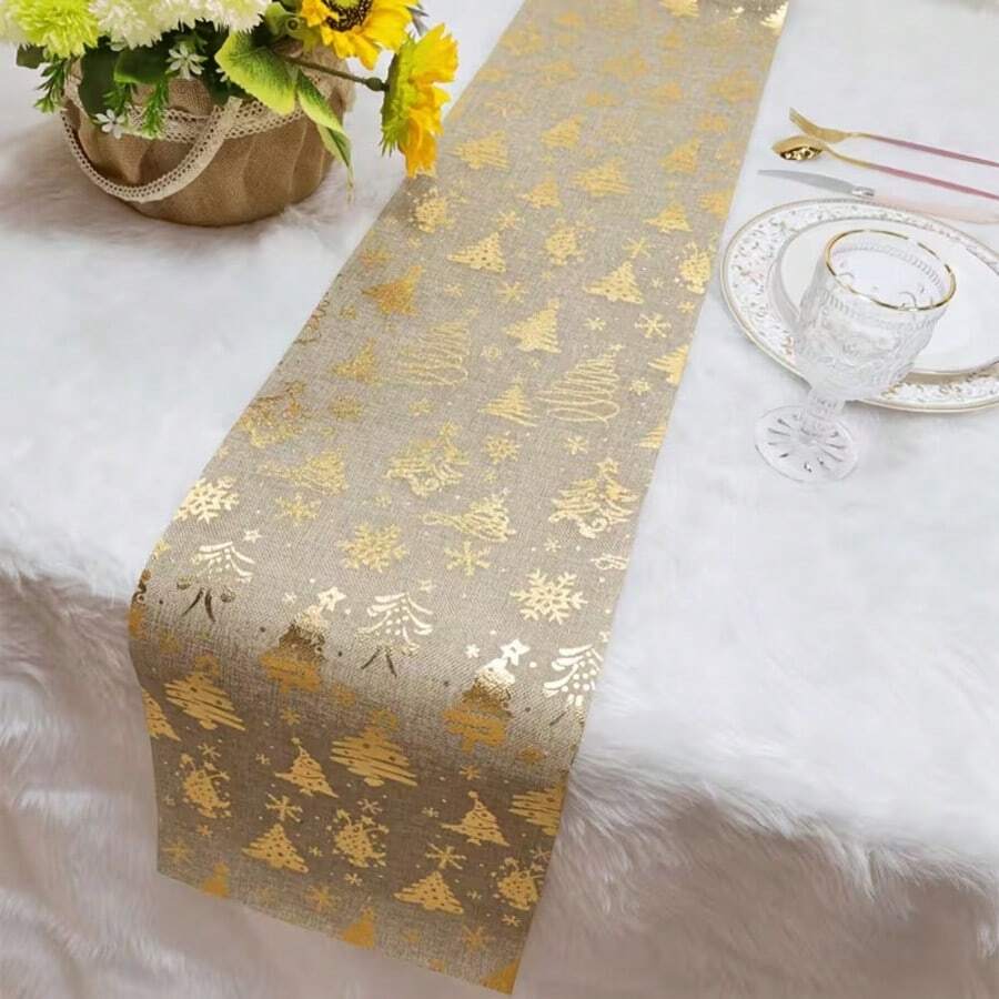 1PC Faux Linen Christmas Gold Foil Table Runner, Polyester Fabric, Christmas Table Decor, Winter New Year Scene Decoration Table Runner - Khaki - View 1