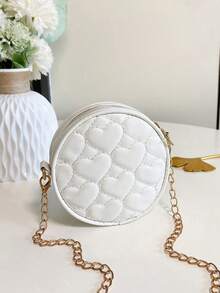 1pc Zipper Closure PU Leather Embroidered Heart Children's Shoulder Bag, Solid Color Embroidered Chain Small Round Bag For Girls - A - View 9