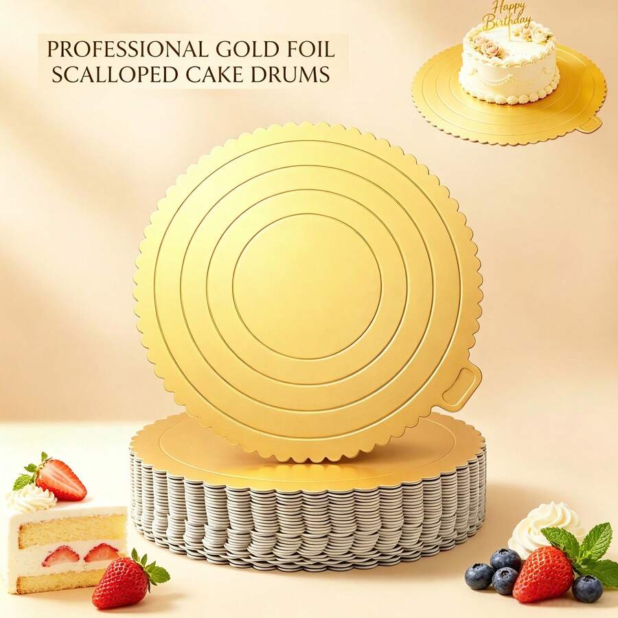 10pcs Gold Wavy Edge Round Cake Boards, Thickened Sturdy Cake Base Cardboard Discs, Waterproof Oil-Proof Cake Trays, Suitable For Birthday, Wedding, Party, Anniversary, Baking, Dessert Display - Gold - View 1