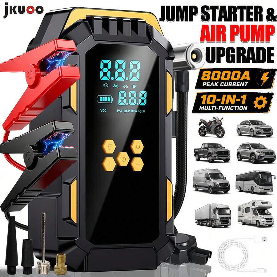 Portable Emergency Jump Starter With Air Compressor, Digital Display, Large Capacity Battery, LED Flashlight, Precise Tire Pressure Detection, Multi-Function Car Battery Booster, Vehicle Jump Start Kit - Suitable For Gasoline Cars And Other Vehicles