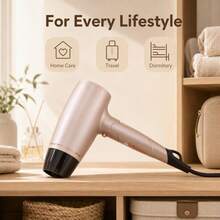 Hair Dryer Foldable High-Power Hair Dryer With Strong Airflow. Features 2 Wind Speeds And 4 Heat Settings For Fast Hair Drying And Styling. Built-In Auto Overheat Shut-Off Protection, Comes With Detachable Nozzle. Ideal For Home And Travel Use. - Rose Gold - View 9