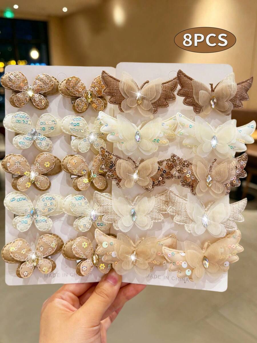 8pcs/Set Sequin Rhinestone Fabric Butterfly Wings Hair Clips For Girls, Suitable For School, Commuting, Daily Use, Ponytail And Loose Hair, Cute Princess Hair Accessories (Random Color) - Multicolor - View 1
