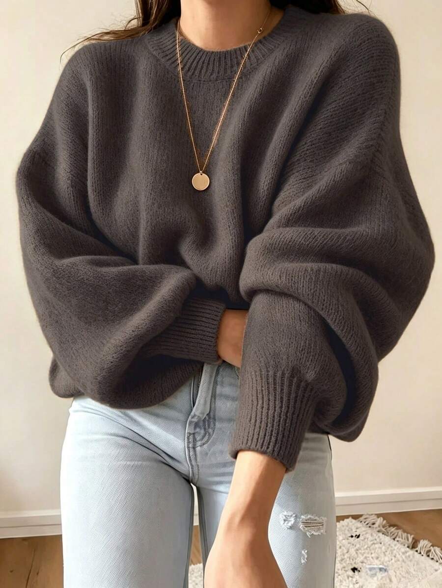 Women's Long Sleeve Sweater, Fashion Casual Elegant Solid Color Loose Fit Crew Neck Knit Pullover Top - Brown - View 1