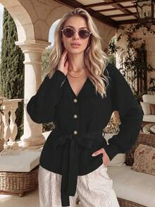 NiceArt V-Neck Cinched Waist Ribbed Knit Cardigan, Winter Vintage Casual Black Gold Button Tie Waist Long Sleeve Sweater Jacket, Autumn Outfit, Halloween - Black - View 1