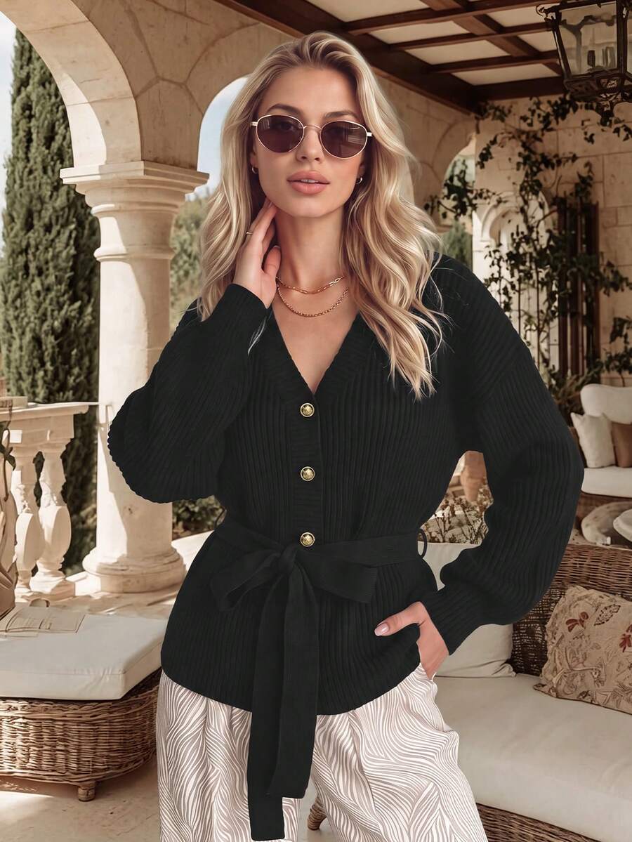 NiceArt V-Neck Cinched Waist Ribbed Knit Cardigan, Winter Vintage Casual Black Gold Button Tie Waist Long Sleeve Sweater Jacket, Autumn Outfit, Halloween - Black - View 1