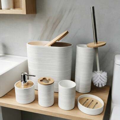 Textured Bathroom Accessory Set, 4‑Piece / 6‑Piece Bathroom Vanity Kit, Bathroom Storage & Decoration. Moisture‑Proof And Easy To Clean, This Toiletries Storage Organizer Set Is Perfect For Home Bathroom Countertop Decoration.