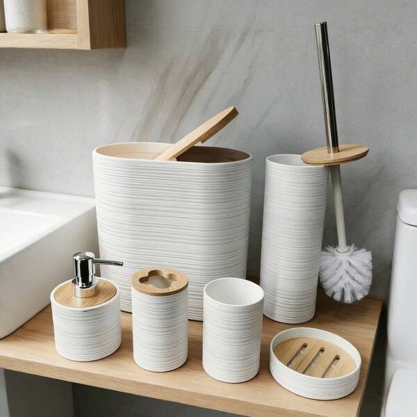 Textured Bathroom Accessory Set, 4‑Piece / 6‑Piece Bathroom Vanity Kit, Bathroom Storage & Decoration. Moisture‑Proof And Easy To Clean, This Toiletries Storage Organizer Set Is Perfect For Home Bathroom Countertop Decoration.