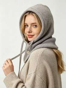 1pc Unisex Knitted Hooded Balaclava Scarf, All-In-One Warm Scarf With Adjustable Drawstring And Buttons, Autumn/Winter Warm Fashion Headwear - Button-down Balaclava Hat - View 4