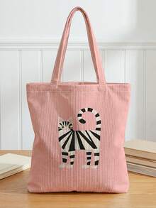 1Pc Cartoon Pandas And Cat Print Corduroy, Large‑Capacity Reusable Open‑Top Tote Shoulder Handbag For School Sports Daily Shopping For Girls Or Gifts - Multicolor - View 8