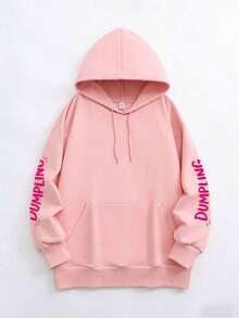 Plus Size Women's Shiny Crystal Bun Print Hooded Sweatshirt, Fun Graphic Design, Suitable For Autumn/Winter School/Sports/Outdoor Activities, Versatile Long Sleeve Top, Everyday Wear - Pink - View 2
