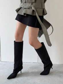 French Blogger Style Pointed Toe Wide Shaft Knee-High Boots, Nordic Kitten Heel Riding Boots For Women - Black - View 6