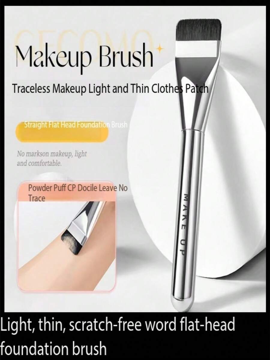 1pc GECOMO Flat Head Foundation Brush, Thin & Wide Mask Brush, Makeup Tool, Foundation Makeup Brush - Silver - View 1
