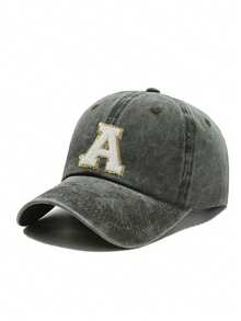 1pc Women Washed Vintage A-Z Letter Baseball Cap, Casual Distressed Dad Hat, Outdoor Sun Protection Hat - Black - View 4