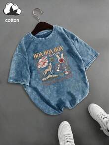 大尺碼女款日常 Twilight 主題狼與花卉印花圓領短袖休閒 T-shirt 上衣，春夏秋度假穿搭 - 寶藍色 - 查看 2
