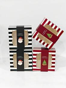 4pcs/12pcs Holiday Window Gift Boxes, Christmas Striped Square Dessert Boxes, Red & Green Santa Tree Design, Party Favors, Cookies & Small Gifts Box - View 7