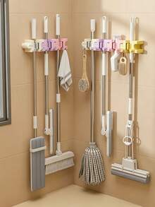 1pc Punch‑Free Mop Holder Wall Mount, Multifunctional Broom Organizer Rack For Bathroom Kitchen Home Storage,Bathroom Storage,Kitchen Accessories,Autumn Home Decor - Multicolor - View 8