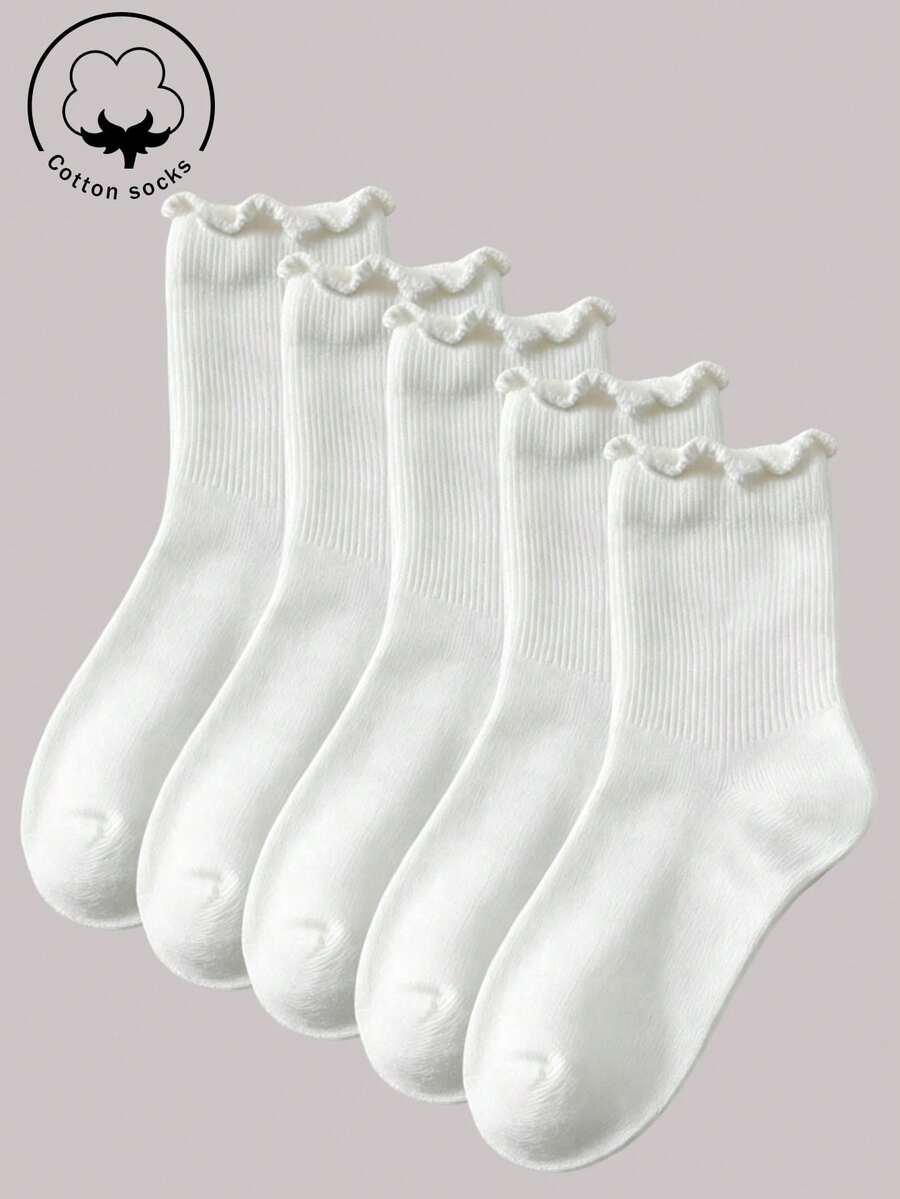 1/3/5/10/15/20/30 Pairs Women's Solid Color Mid-Calf Socks, Comfortable And Breathable For Daily Wear - White - View 1