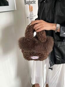 Autumn/Winter New Lamb Wool Bucket Bag With Chain Strap, Shoulder And Crossbody - Coffee - View 4