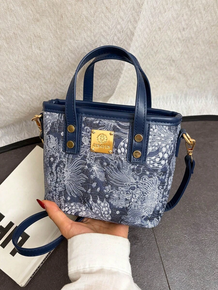 新款中国风刺绣女士小水桶包2025春夏时尚手提包优雅百搭单肩包 - 藏蓝色 - 查看 1