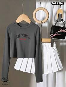 Kids Casual Letter Print Short Crop Long Sleeve Tee, Breathable Comfortable Crew Neck Top For Daily Spring Fall Wear - Grey - View 3