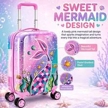 Girls Mermaid Tail Ocean Print Hard Shell Kids Rolling Suitcase, Spinner Wheels Carry-On Luggage, Suitable For Children Travel And Vacation - Pink - View 6