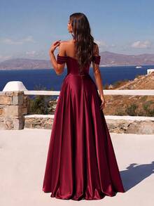 ADYCE Elegant Off Shoulder Waisted Backless Bodycon Tie-Back Lace High-Slit Fishbone Prom Gown Homecoming Wedding Guest Formal Dinner Birthday Christmas - Burgundy - View 2