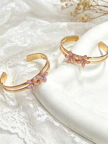 6pcs Pink Tone Bracelet Set, Flower, Gradient Bowknot, Exquisite Children's Jewelry Combination, Best Friend Sister Jewelry Set, Adjustable Size Design - Gold - View 4